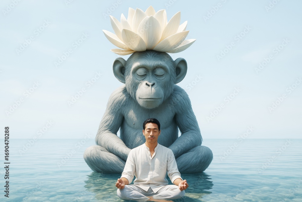 Aufkleber surreal scene of a man meditating in water with giant blue monkey and lotus flower on head in tranqu