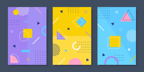 Modern Memphis posters and backgrounds with abstract geometric shapes, bright colors, simple patterns, and retro 80s feels, ideal for cards or story templates. Vector illustration