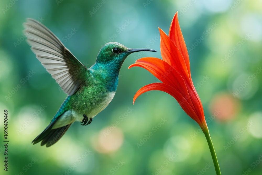 Poster Close-up of green hummingbird hovering in front of vivid red flower on soft bokeh background with natural light and creative composition. Ai generative