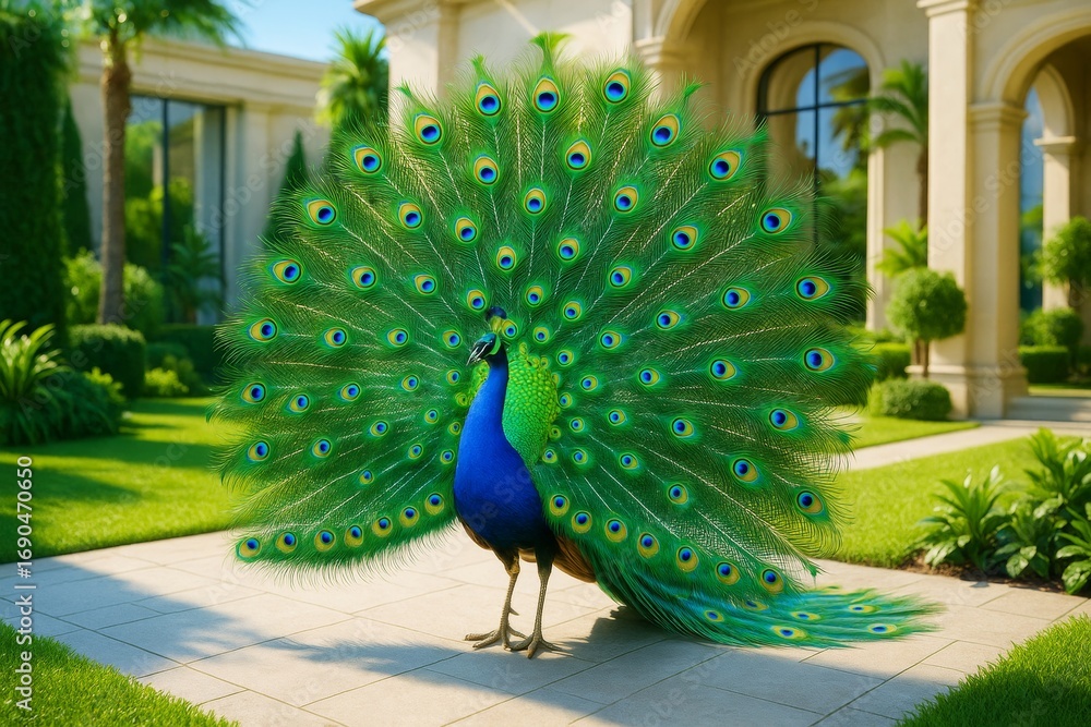 Poster Majestic peacock displaying vibrant feathers in a luxurious garden with elegant architecture and bright natural light in the background. Ai generative. Ai generative