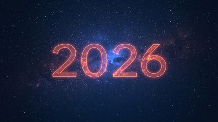 Glowing 2026 New Year Text in Neon Orange Against Cosmic Starry Night Sky Background for Holiday Celebration