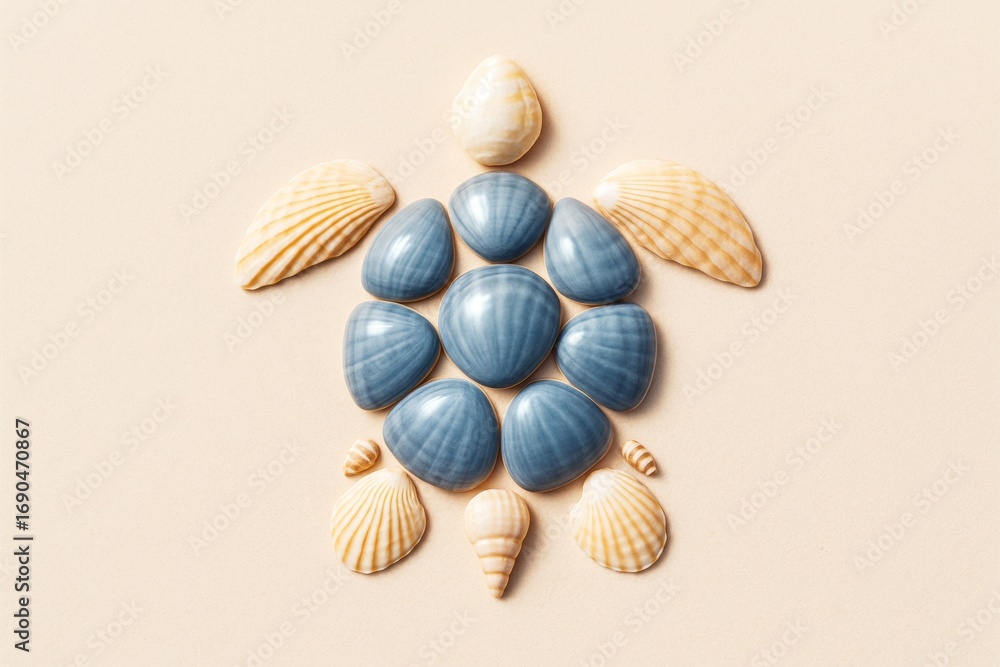 Poster creative sea turtle made from assorted seashells arranged in symmetrical pattern on light beige back