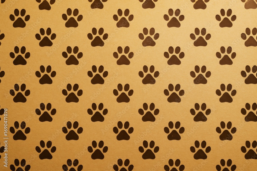 Poster seamless pattern of dark brown paw prints on light tan paper background, creating a playful and abst