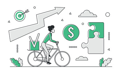 Business investments and financial growth represented with a person cycling, dollar sign, arrow, and puzzle pieces in a green monocolor style, isolated on white background vector illustration