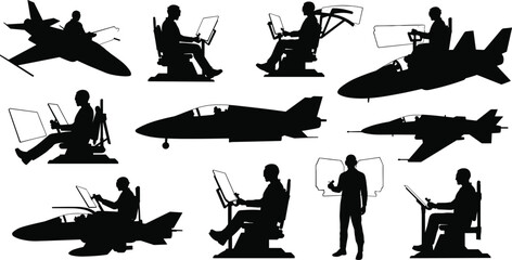 Fighter jet pilot training, flight simulator silhouettes, military aircraft cockpit, aviation technology, pilot simulation, aerospace control interface, VR controls © MDALRAFIN