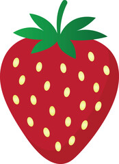 Simple vector illustration of a ripe red strawberry with green leaves, flat style design suitable for icons, logos, and food graphics.