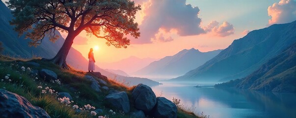 Serene nature scene depicting swirling, vibrant energy emanating from a tranquil landscape, conveying a sense of peaceful meditation and inner harmony , nature, power, stars