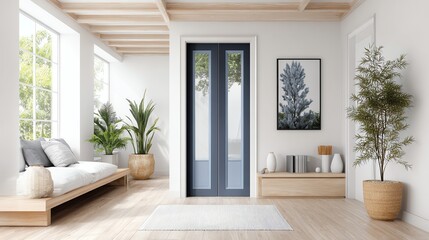 A bright, airy interior showcases a minimalist living space with natural light streaming through large windows and elegant dark-framed double doors, creating a serene atmosphere.