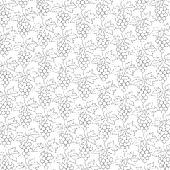 Seamless pattern of grape bunches with leaves in black outline style, vector illustration suitable for coloring, textile, and background design.