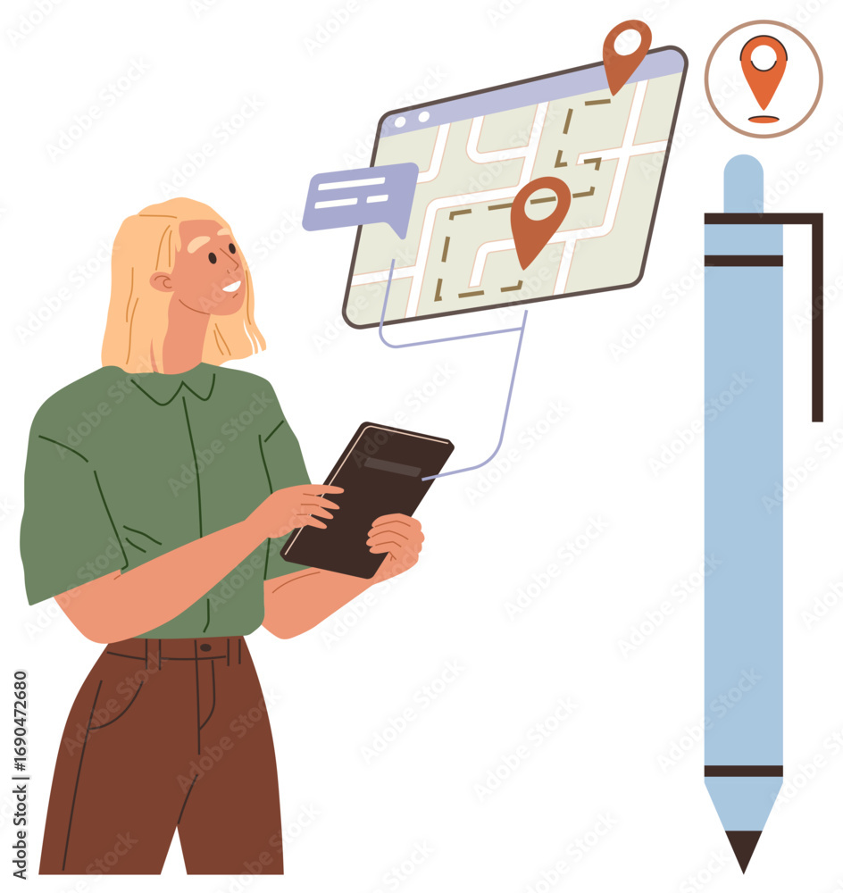 Poster woman checking tablet while viewing digital map with routes and location pins. large pen symbolizes 