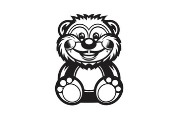 Stylized Cartoon Bear with Smiling Face in Black and White on White Background