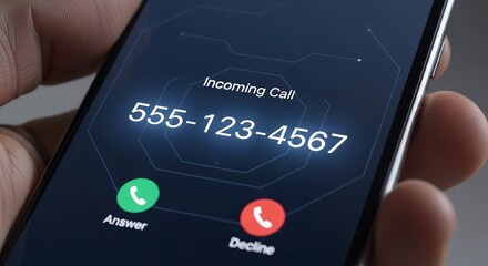 Smartphone with incoming call screen displaying phone number and answer decline buttons