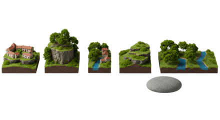 Meticulously arranged miniature architectural models with diverse green foliage and a polished grey river stone, on seamless transparent. Concept of precise model display