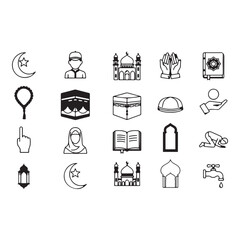 Fototapeta premium Ramadan icons set vector illustration isolated on white background collection of muslim religion and culture symbols in outline style