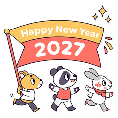 Cute cartoon animals including a rabbit panda and dog celebrate the arrival of the new year 2027