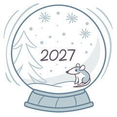 Cute cartoon mouse sits inside a snow globe with a winter tree and snowflakes celebrating the year 2027