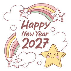 Cute happy new year 2027 celebration with smiling stars pastel rainbows and fluffy clouds in a whimsical design