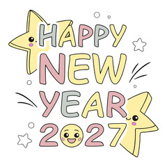 Cute happy new year 2027 greeting with cartoon stars and smiley face in pastel colors