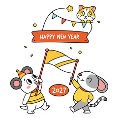 Cute cartoon mice and cat celebrating happy new year 2027 with flags and party hats on white background