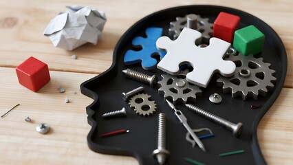 Head-shaped silhouette filled with gears, puzzle pieces, and tools on a wooden surface