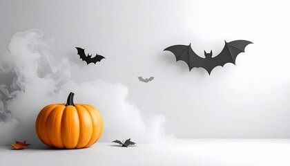 Naklejka premium Spooky Halloween scene with a single orange pumpkin, flying bats, autumn leaves, and drifting fog on a white background