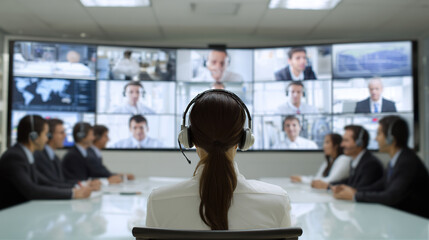 Business conference with video calls in a modern office setting during a collaborative meeting