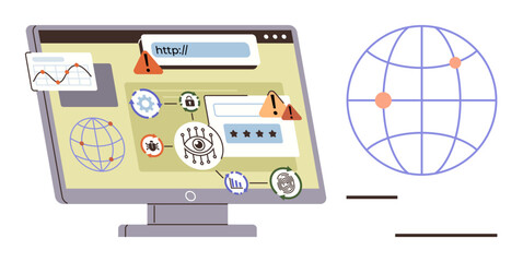 Desktop screen with security alerts, login forms, graphs, and network globe highlights cyber risks. Ideal for technology, security, internet, data protection, privacy risk analysis global hacking