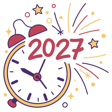 Happy new year 2027 celebration with alarm clock ringing and colorful fireworks exploding in the sky
