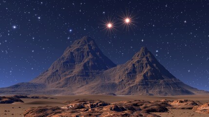 Breathtaking fantasy desert landscape illuminated by the shimmering glow of twin radiant suns
