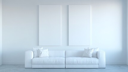 A minimalist interior scene presents a pristine white sofa facing two blank canvases, evoking a sense of calm and spaciousness within a modern living area.
