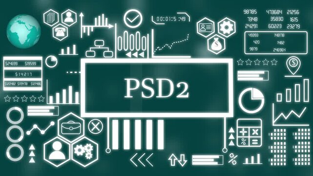 PSD 2 Business concept. Network connections, futuristic technology hub. PSD 2 Technology, Internet and network concept animation technology background 4k video