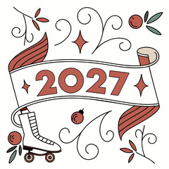Retro roller skate celebration banner featuring the year 2027 with festive ornaments and swirls