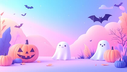 Naklejka premium Charming Halloween scene with smiling jack-o'-lanterns, cute ghosts, and flying bats against a pastel sunset landscape