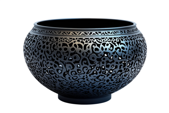 Decorative laser cut metal bowl showcasing intricate pattern details and craftsmanship, PNG, isolated on transparent background.