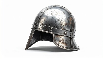 Medieval steel helmet with rivets and nasal guard on neutral background