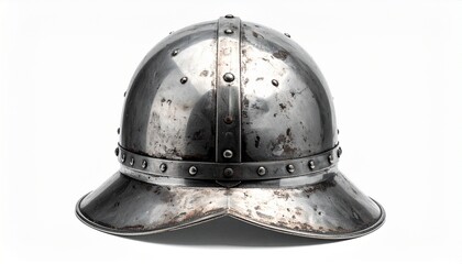Medieval steel helmet with rivets and nasal guard on neutral background