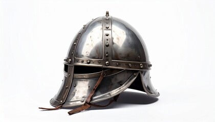 Medieval steel helmet with rivets and nasal guard on neutral background