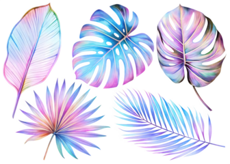 Holographic tropical foliage isolated on a transparent background