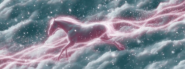 Fototapeta premium Chinese New Year themed wallpaper featuring a mythical horse galloping through clouds and sparkles