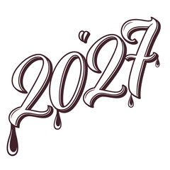 Obraz premium Stylish dripping calligraphy of the year 2027 with a small heart symbol above the numbers