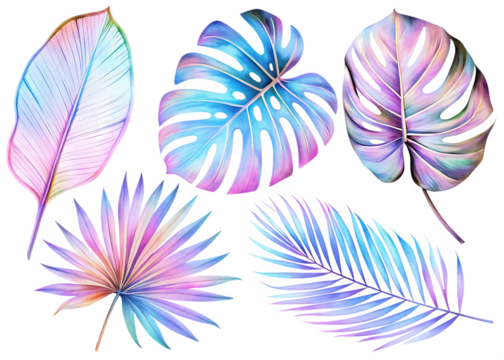 Holographic tropical foliage isolated on a transparent background - Powered by Adobe