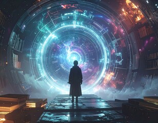 Person standing before glowing portal in futuristic library mysterious and awe inspiring high quality professional