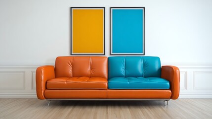 A modern living room features a split-toned sofa in vibrant orange and teal, mirroring the color scheme of the abstract art pieces hanging above, creating a balanced and inviting space.