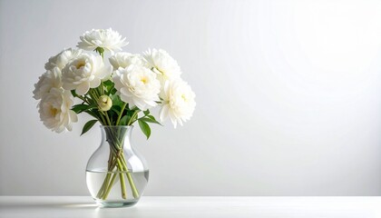 Fototapeta premium White flower bouquet in clear glass vase on light background
