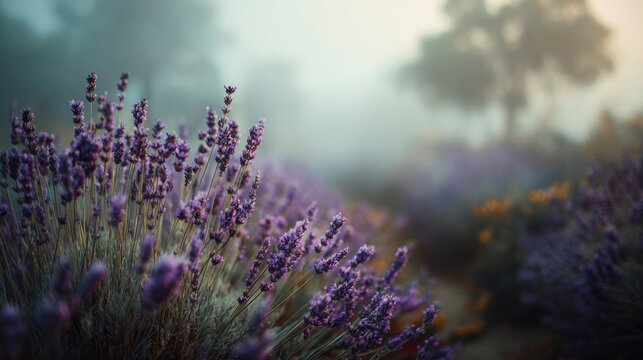 Lavender field foggy morning