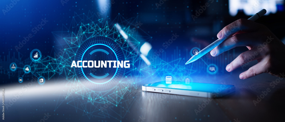 Poster digital accounting solutions and financial management tools shown on smart device interface.