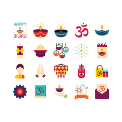 Set of Diwali festival icons, indian tradition