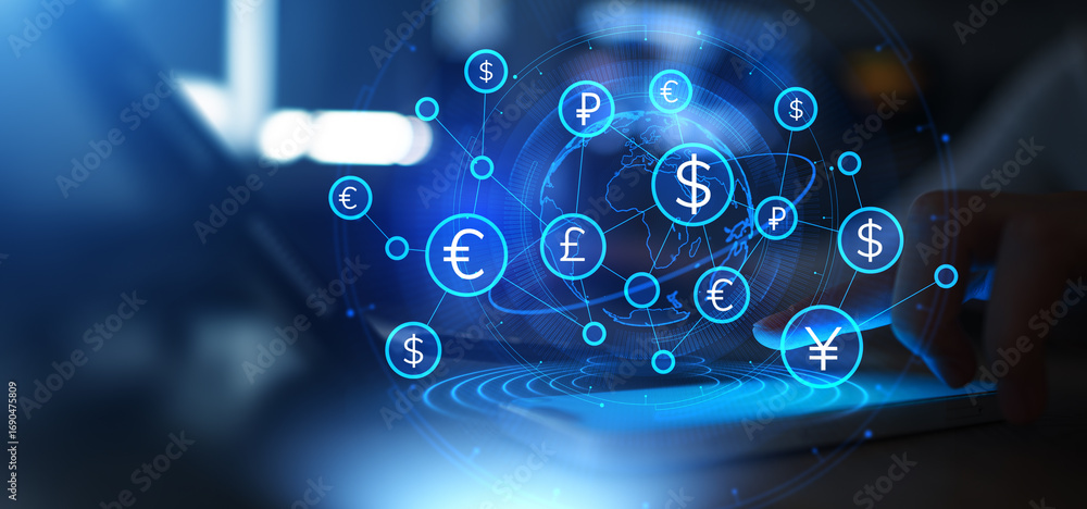 Poster global currency exchange network with digital payment and multi-currency integration.