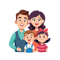 Obraz premium Happy family with children, a vector illustration of a happy family, consisting of a mother, a father, a young boy, and a young girl. 