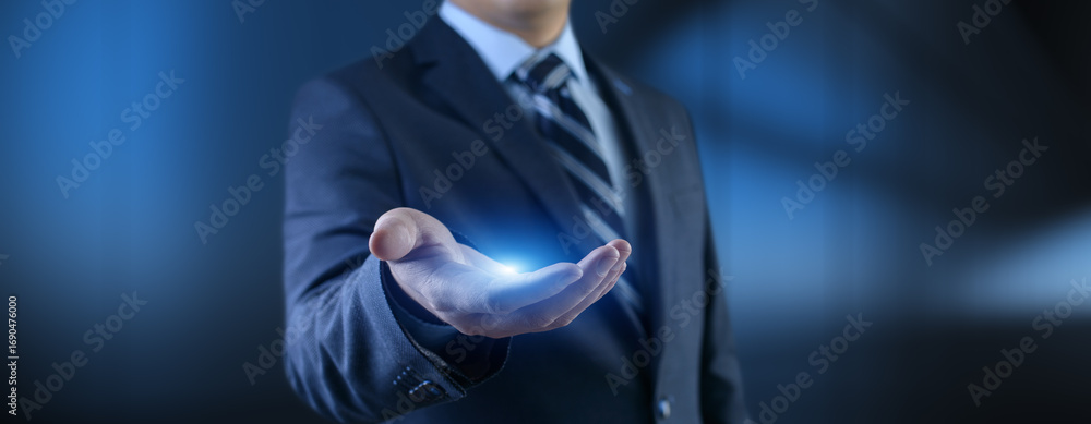 Poster businessman pressing button on virtual screen, innovation and digital touch interaction on futuristi